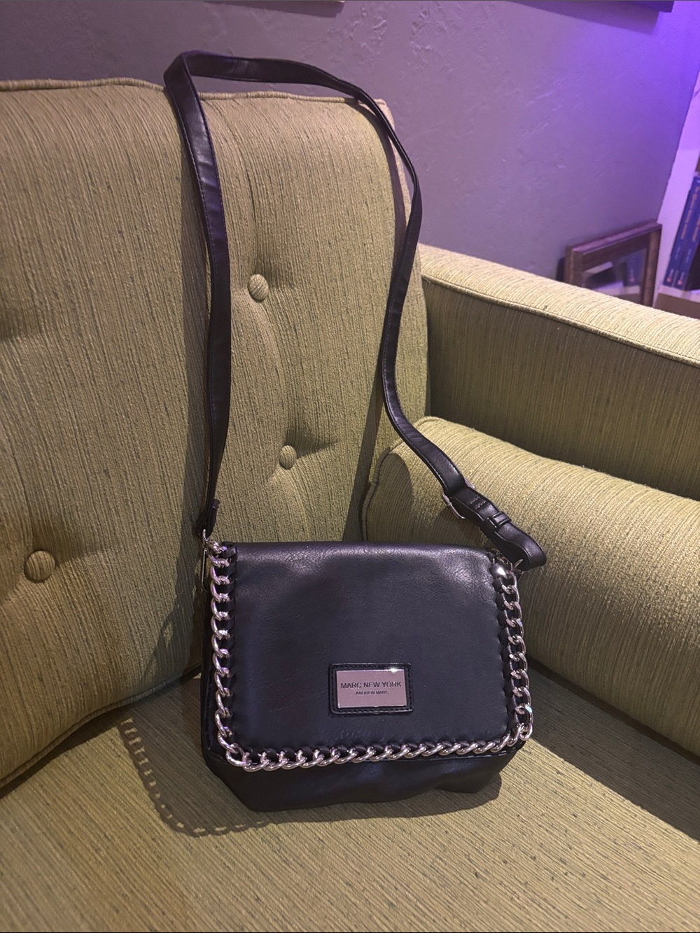 Marc by Andrew Marc  Black Leather Crossbody with Silver Chain Trim